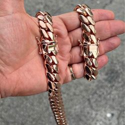 20mm Miami Cuban Link Rose Gold Plated Chain Necklace 18k & 14k