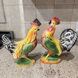 Set of (2)  Colorful Rooster Chickens FIgurines Ceramic 