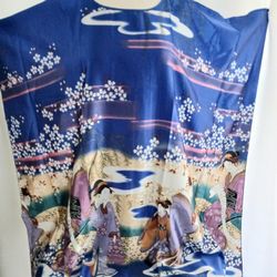 Geisha Girl Asian One Size Blue Silk Loose Top Tunic Caftan Dress Floral Design