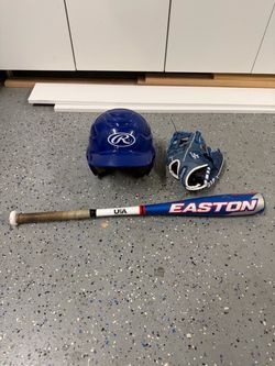 Kids baseball bat, glove, helmet