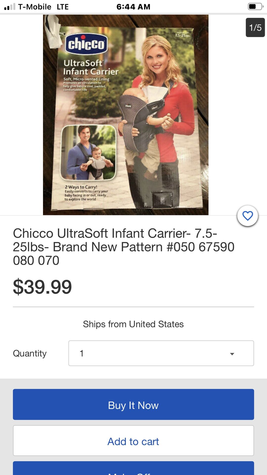 New never used chicco ultrasoft infant carrier