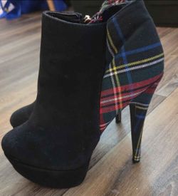 Black Faux Suede Plaid Platform Stiletto Ankle Boots