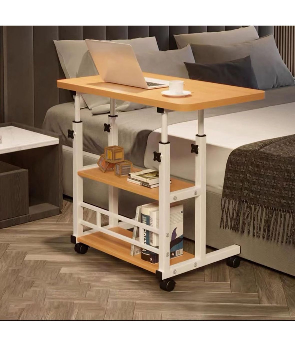 C Shaped Mobile Laptop Table, Height Adjustable Side Table, Stand Desk with Wheels, Small Sofa Coffee Side Table, Overbed Bedside Table for Living Roo