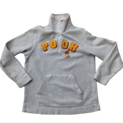 Disney Pooh Embroidered Zip Up Creamy White Fuzzy Teddy Bear Sweater