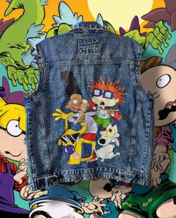 Members Only X Nickelodeon Rugrats Hey Arnold Rocko Cat Dog Denim Vest / Jacket Sz M