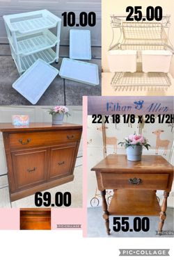 Storage vintage cabinet , tower bins, metal tier storage, and Ethan Allen vintage end table⬇️🟥read description