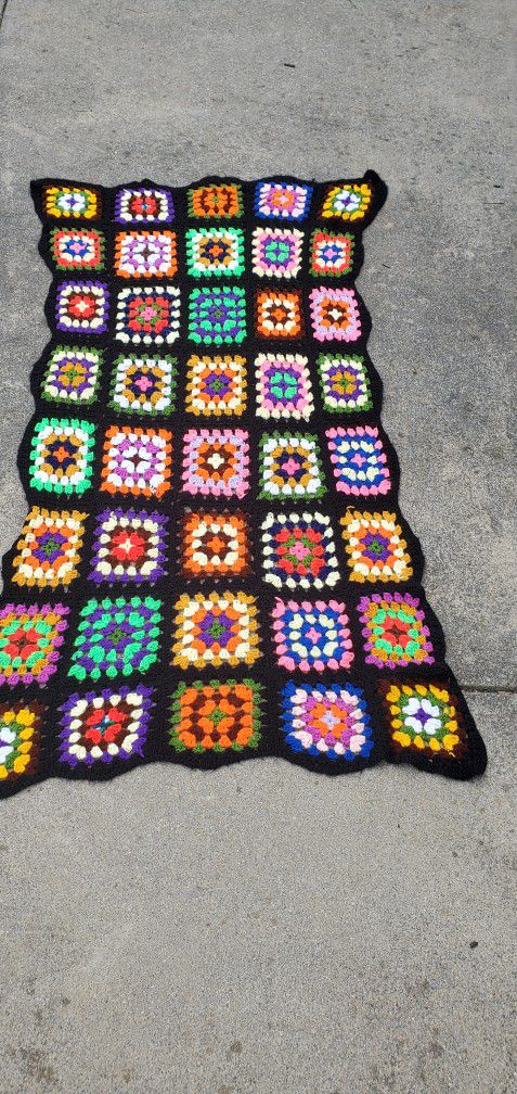 Vtg Granny Square Afghan Roseanne Black Crochet 37"×72" Handmade Throw Blanket

