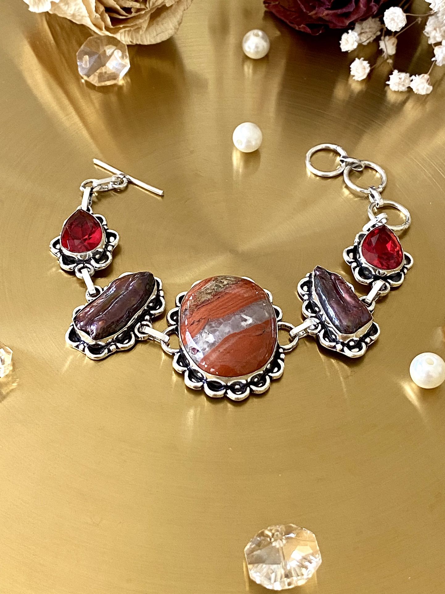 Bloodstone, Biwa Pearl And Garnet 925 Sterling Silver Overlay Handcrafted Bracelet