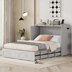 Gray Full Sized Low Profile Murphy Bed w/ 2 Storage Drawers / USB Ports [NEW] **Retails for $780  <Assembly Req>   **MATTRESS NOT INCLUDED**