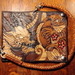 New Handmade Carved And Tooled Leather Dragon And Koi Fish Bifold Wallet 