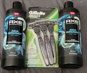 2 AXE AQUA  BERGAMOT SAGE-JUNIPER (16oz BOTTLES) & Gillette MACH 3 SENSITIVE (3 DISPOSABLE RAZORS) FOR $15/$15 POR LOS 3