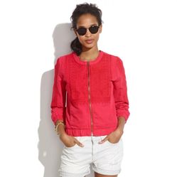Madewell Red Folkstitch Zip-Up Bomber Jacket