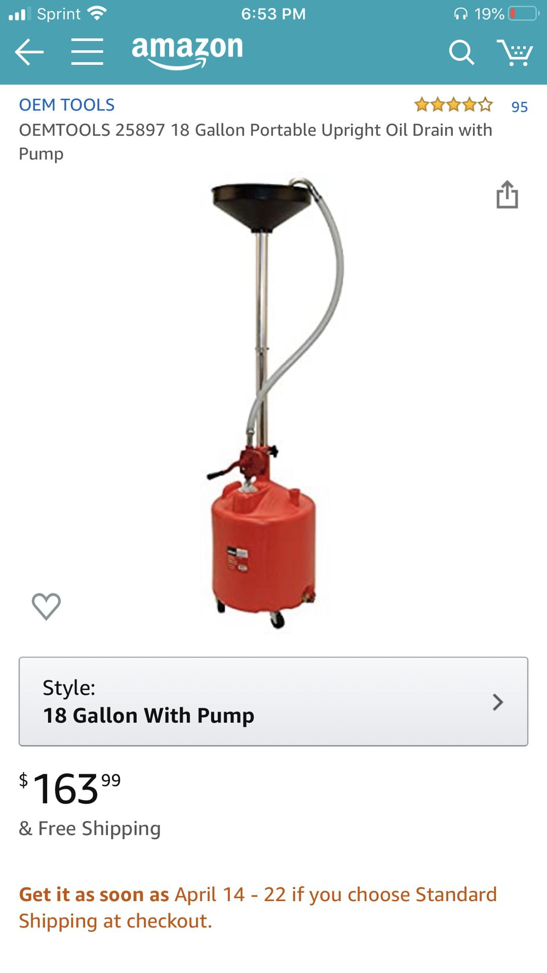 OEMTOOLS 25897 18 Gallon Portable Upright Oil Drain with Pump