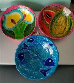 Set Of 3 Hand Painted Pottery Bowls