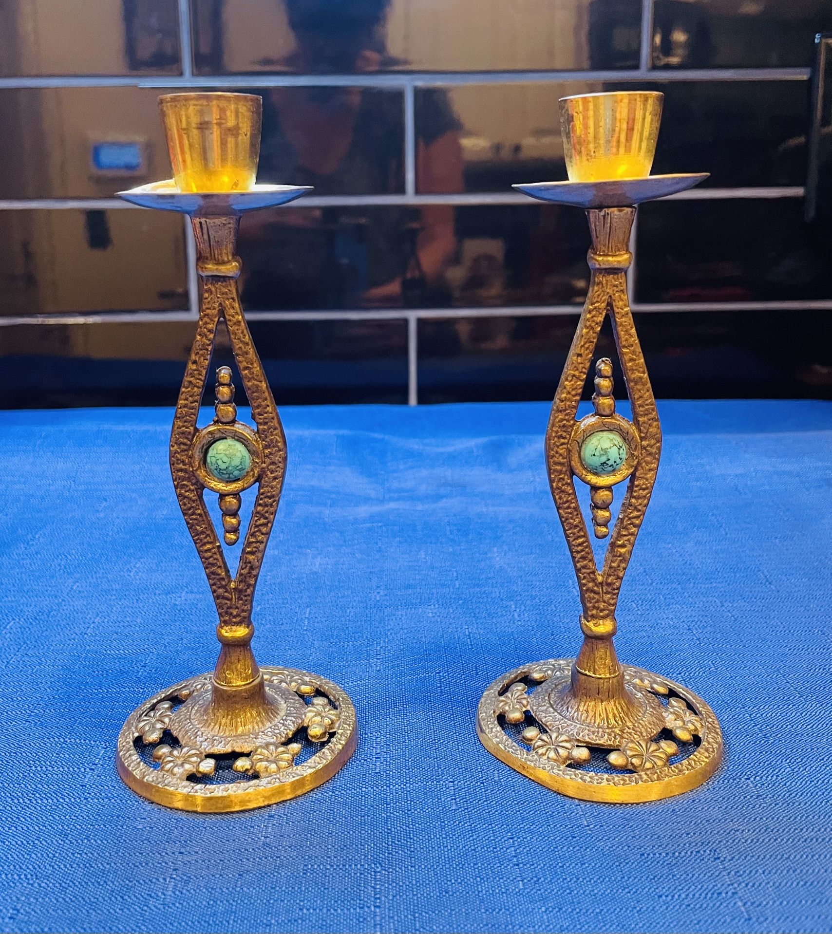 Vintage Ornate Brass Candlestick Holders With Turquoise Color Stones 