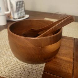 Wooden Walnut Salad Serving Bowl And Tongs