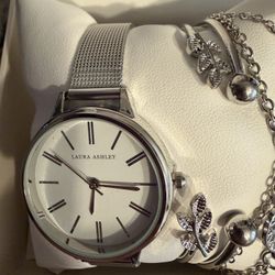 Laura Ashley Silver 5pc Watch And Jewelry Set 