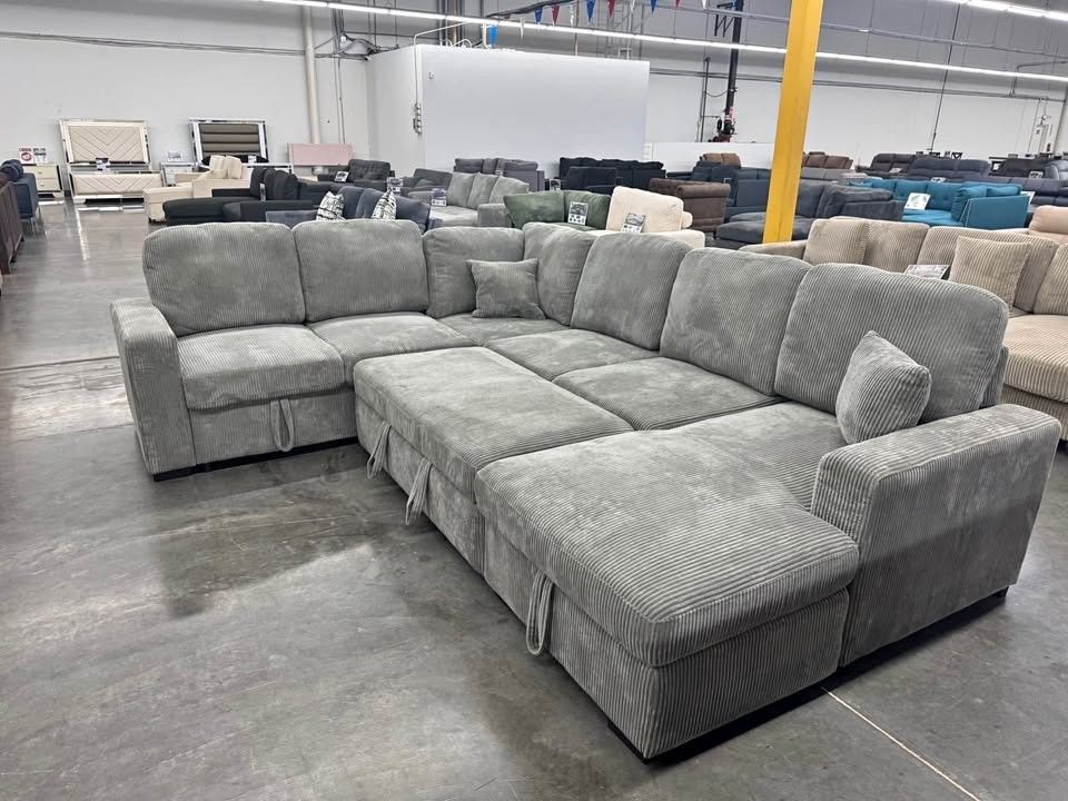 Gray Corduroy sectional pull out sofa bed sleeper sofa U shaped couch