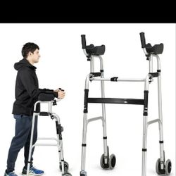 Standard Walker Foldable Walker With 5 In. Wheels Padded Armrest For Seniors 440 Lbs. In Silver

