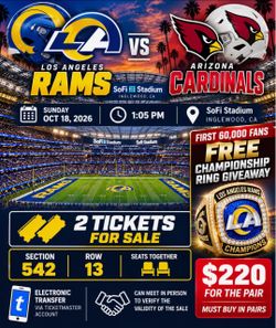 Rams vs Cardinals – 2 Tickets – SoFi Stadium – $220 Pair