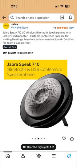 Jabra Speak 710 UC Wireless Bluetooth Speakerphone with Link 370 USB Adapter – Portable Conference Speaker for Holding Meetings Anywhere with Immersiv