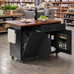 Modern Kitchen Island Cart with Storage, Power Outlet, Drop Leaf, Trash Cabinet