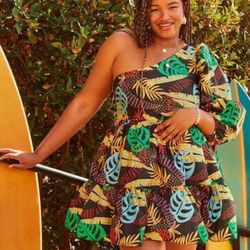 Forever 21 Plus Size One-Shoulder Tropical Mini Dress 