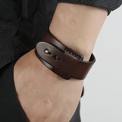Wide brown leather bracelet for men 10 inches