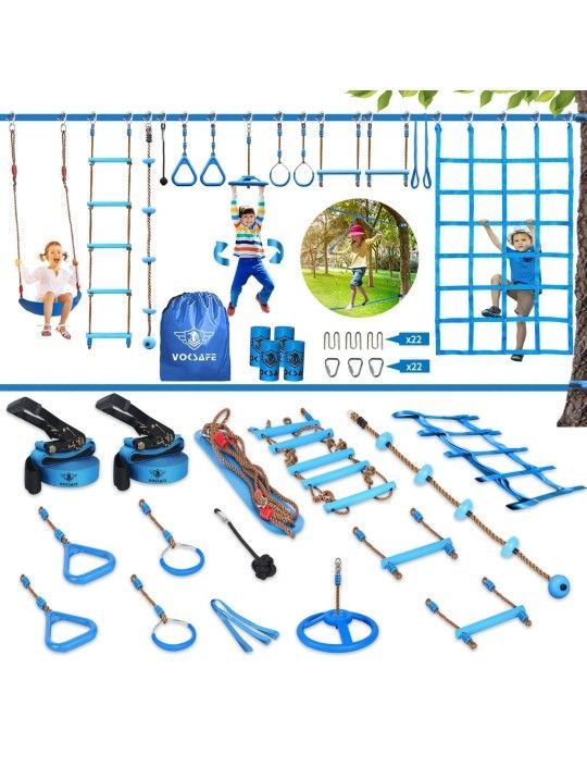 VOKSAFE 56' Weatherproof Ninja Warrior Hanging Obstacle Course Line Backyard Training Equipment Set for Kids, 12 Obstacles, Like Walking Line, Net, Sw