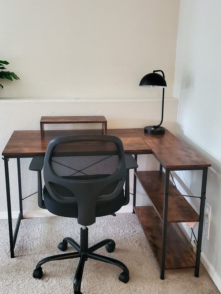 ODK Brand L- Shaped Computer Desk With Storage Shelves And Chair