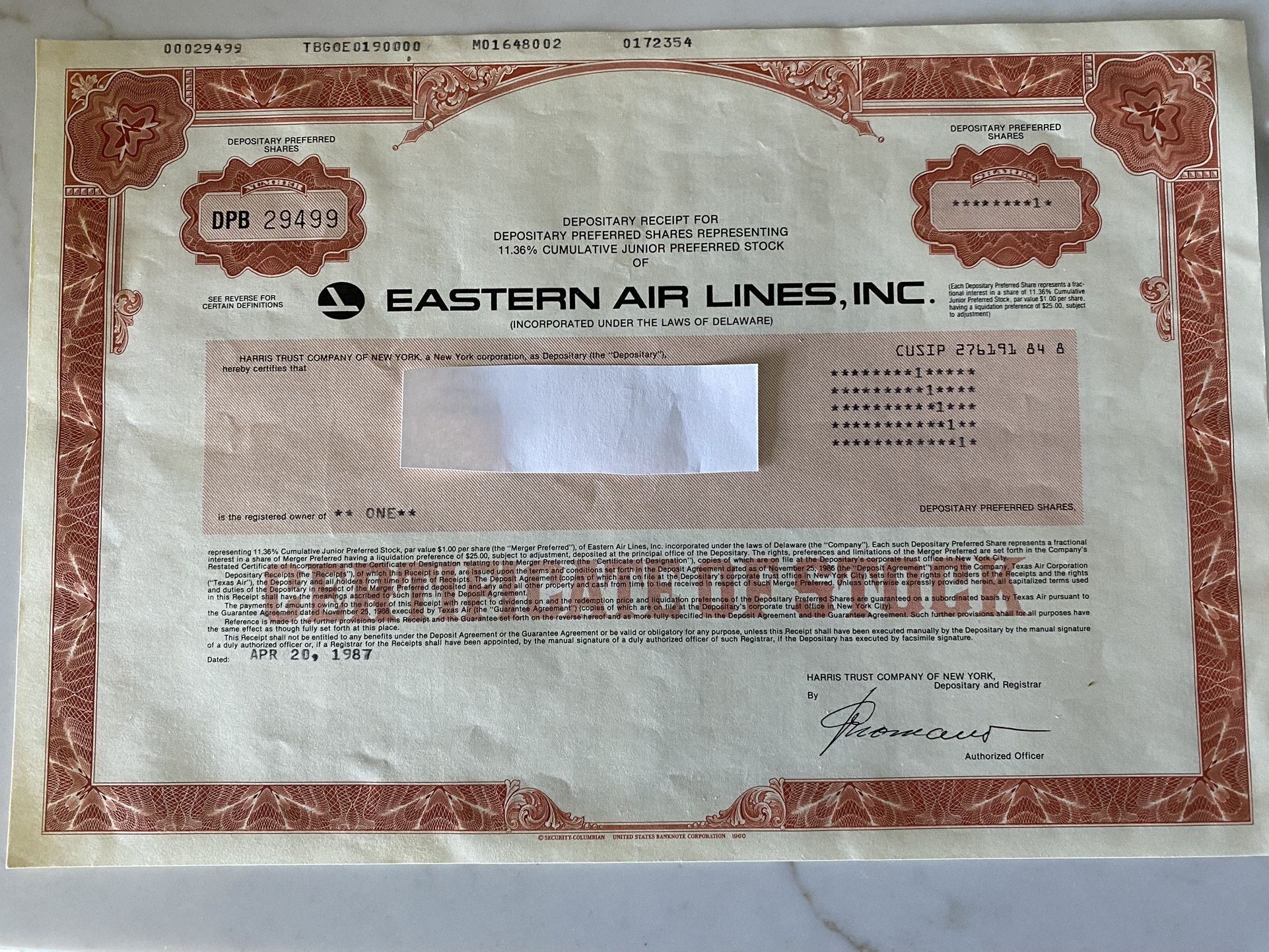 Eastern Airlines Stock Certificate