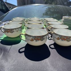 Antique Haviland Limoges France Paisley Pattern Double Handled Soup Cup, Tea Cups & Saucer Set, Schleiger 268