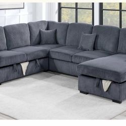 $649-4Piece Convertible Sectional Sleeper Sofa ,Chaise Storage ,Sofa Storage & USB Ports 98” x 103” x 61” x36”H