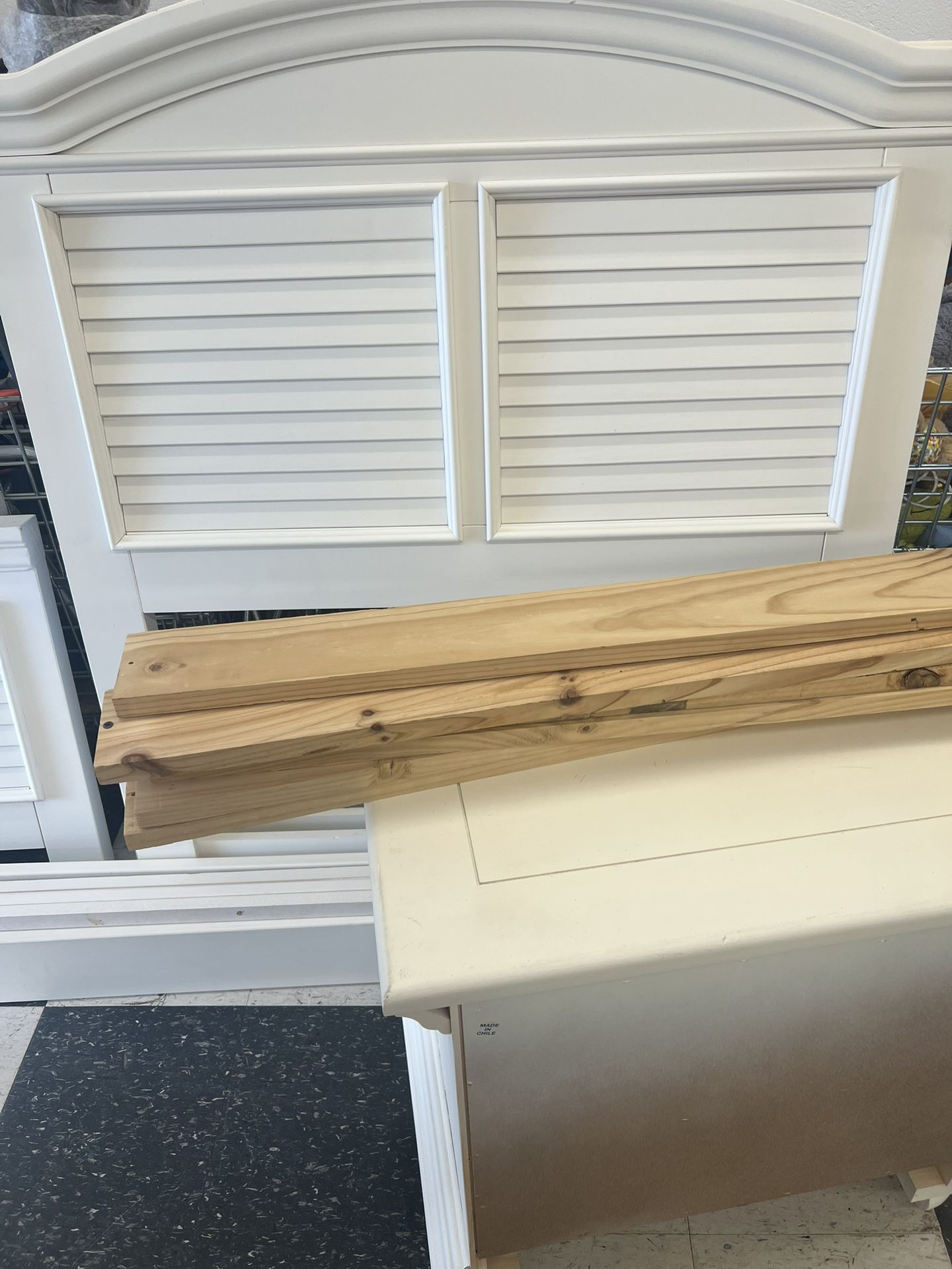 Two white twin bed, headboard, and footboard with rails and one nightstand excellent condition