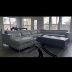 Gray Faux Leather 6 Seater Sectional Sofa + Ottoman with Storage