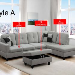 Grey Flannel 3 Seater Sectional Sofa With Ottoman 