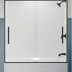 Pleat 59.625 in. x 63.5625 in. Frameless Sliding Bathtub Door in Matte Black with Crystal Clear Glass Pleat 59.625 in. x 63.5625 in. Frameless Sliding Bathtub Door in Matte Black with Crystal Clear Glass