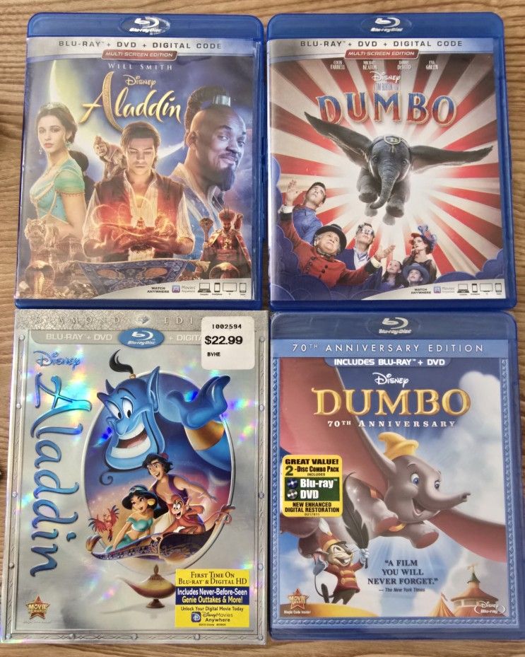 Disney 4 Blu-ray LOT: Dumbo (Blu-ray, 1941) + Aladdin Originals & Live Action