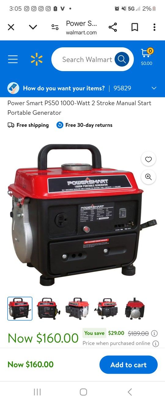 Power Smart PS50 1000-Watt 2 Stroke Manual Start Portable Generator