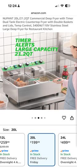 NUPANT 20L/21.2QT Commercial Deep Fryer with Timer Dual Tank Electric Countertop Fryer with Double Baskets and Lids, Temp Control, 3400W/110V Stainles