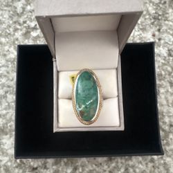 Vintage Genuine Turquoise Oval Statement Ring – Sterling Silver Two-Tone Southwestern Style