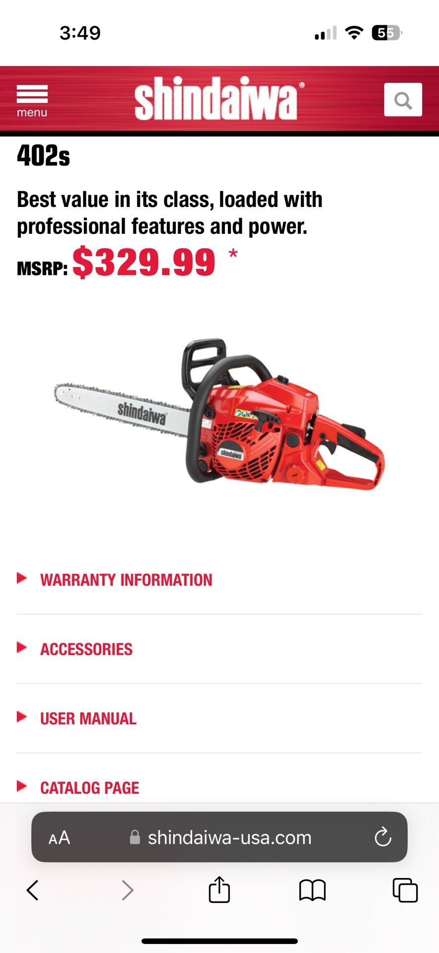 SHINDAIWA CHAINSAW 18”