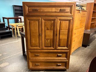 Vintage Brass & Mixed Grain 7-Drawer Armoire