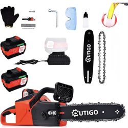 Cordless Electric Chainsaw, 1000W Brushless Chainsaw 12-Inch with 2×21V Batteries, 2 Replacement Chains & 1 Guide Bars & Charger, Bettery Electric Sui