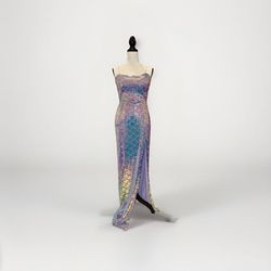 Next Up Violet Multicolor Metallic Sequined Slit Mesh Panel Backless Prom/Event/Party Dress/Gown SZ 7/8