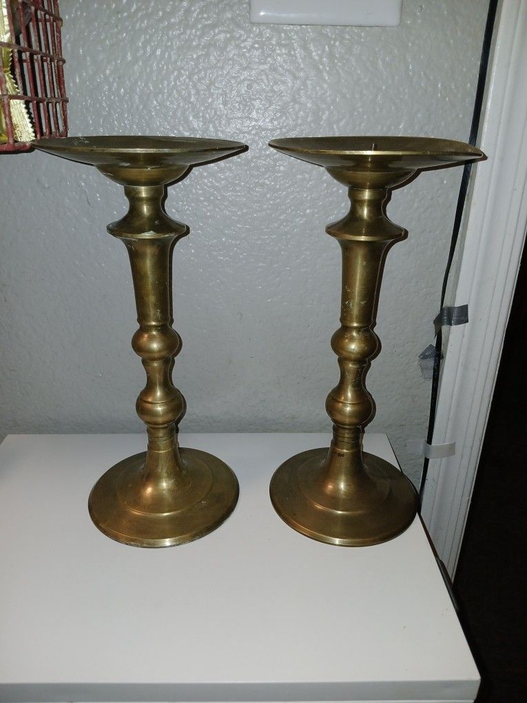 Pair Of Vintage Or Antique Brass Piller Candle Sticks