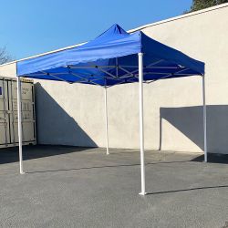 New In Box $99 Heavy-Duty 10x10 ft Popup Canopy Tent Instant Shade w/ Carry Bag Rope Stake, White/Blue