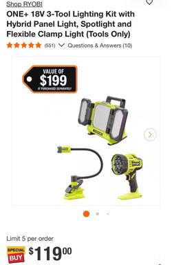 RYOBI ONE+ 18V 3-Piece Lighting Kit – Panel, Spotlight & Clamp Light