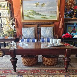 Antique British Colonial Cocktail Coffee Table and 2 Indonesian Armchairs