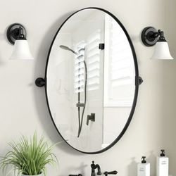 Set Of 2- 18 in. x 28 in. Oval Black Metal Framed Vanity Pivot Wall Mirror